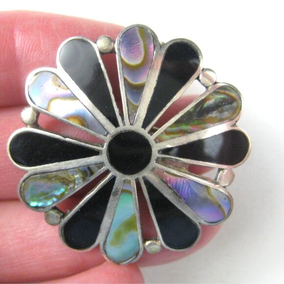 Campo Taxco Mexico Vintage Sterling Silver Abalone Onyx Inlay Brooch Pin 925 MCM - Picture 3 of 5
